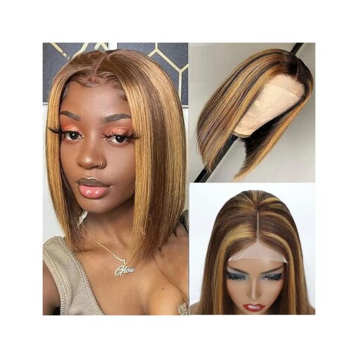 Highlight Ombre Bob Wig Human Hair Straight 4/27 Honey Blonde Bob Lace Front Wigs Human Hair 4x4 Lace Front Bob Wigs 12A Short Bob Wig Glueless Straight Bob Wigs For Women