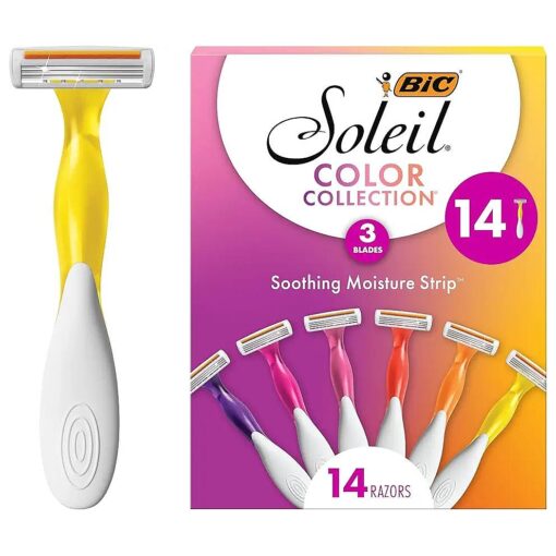 BIC Soleil Smooth Colors Women 's Disposable Razors With Aloe Vera and vitamin E Lubricating Strip for Enhanced Glide, With 3 Blades, 14 Count