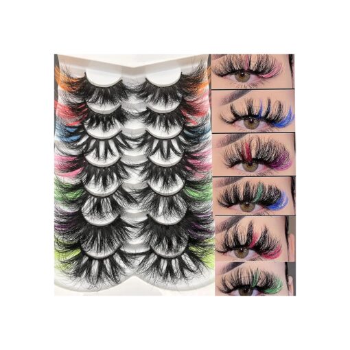 Mikiwi 25mm Colored Mink Lashes Pack, 7 Pairs Mix Color Drametic Long 25mm Real Mink Eyelashes With Color on end, Fluffy Mink Colored Eyelashes, Colorful Lashes With Orange/Red/Pink/Blue/Green/Purple