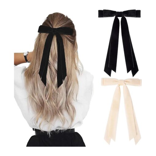 2PCS Velvet Hair Bows Ribbon Hair Clip Black Beige Accessories Ponytail Holder Accessories Slides Metal Clips Hair Bow for Women Girls Toddlers Teens Kids