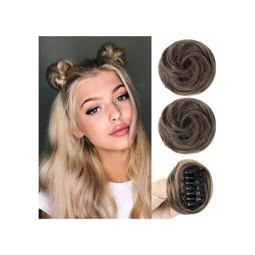 Space Buns Hair Pieces, 2PCS Mini Claw Clip in Messy Bun & Cat Ears Fake Hair Bun Extensions Wig Accessory Updo Hairpieces for Women Girls, 3.5" Wavy, Dark Ash Blonde with Highlights