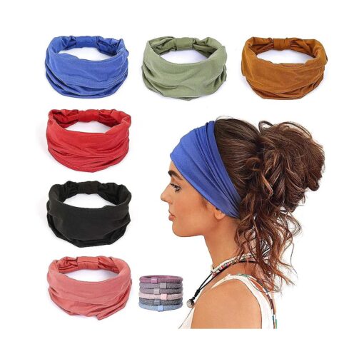 GILI 6 Pack Wide Headbands for Women Non Slip Soft Elastic Hair Bands Yoga Running Sports Workout Gym Head Wraps, Knotted Cotton Cloth African Turbans Bandana ( with 6 Pcs Hair Ties )