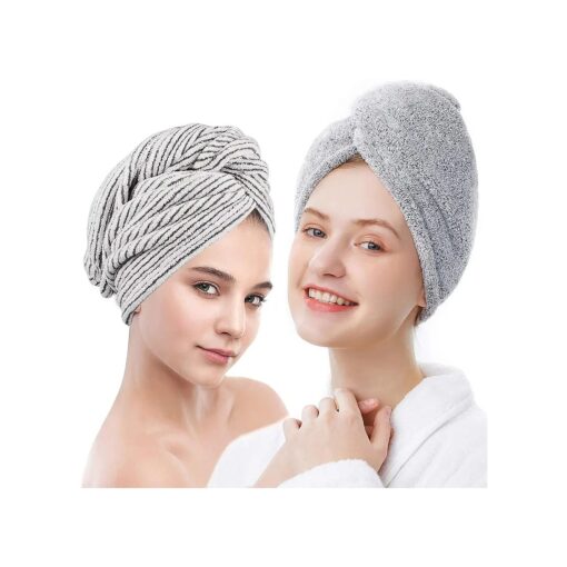 ELLEWIN Bamboo Hair Towel Wrap 2 Pack, Microfiber Hair Drying Shower Turban with Buttons, Super Absorbent Quick Dry Hair Towels for Curly Long Thick Hair, Rapid Dry Head Towel Wrap for Women Anti Frizz