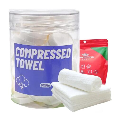 40PCS Compressed Towels, Disposable Face Compressed Towels, Soft Compressed Hand Wipe, Portable Compressed Coin Tissue for Travel/Home/Outdoor Activities ( 9X9in )