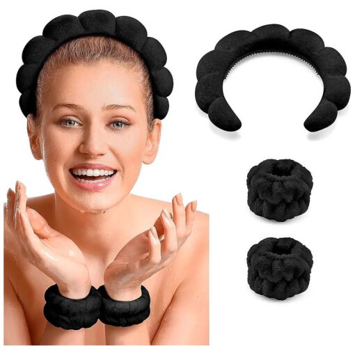 Spa Headband for Washing Face, Makeup Headband and Wristband Set, Non Slip Headband Washing Face, Terry Cloth Face Wash Headband for Women Girl, Sponge Puffy Bubble Skincare Headband ( Black )