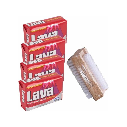 Lava Heavy-Duty Hand Cleaner Pumice soap with Moisturizers, 4-bars [ 5.75 OZ each ] with a Compatible Sparklen Wooden Nail Brush