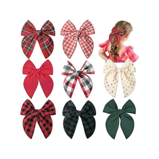 DEEKA 8 PCS Large Christmas Fable Hair Bows Cotton Linen Red and Black Plaid Hair Bow for Toddlers Girls Handmade Christmas Hair Accessories for Little Girls Kids