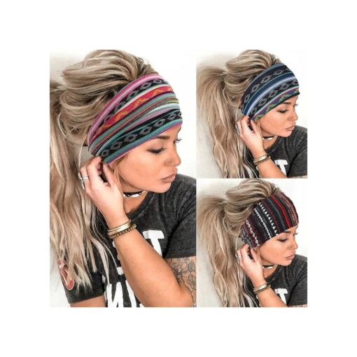 GORTIN Boho Headbands Blue Extre Wide Headband Stretch Turban Hair Bans Yaga Knotted Headwraps Twist Workout Head Hands for Women and Girls Pack of 3 ( Headbands A )