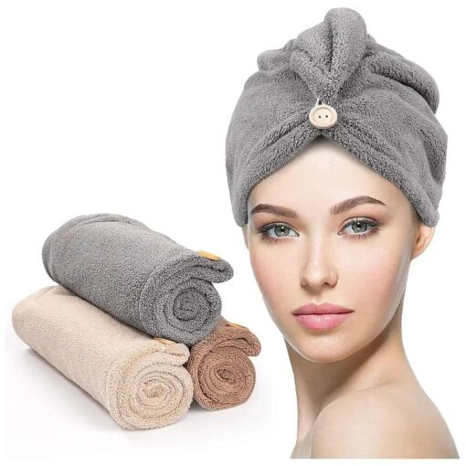 YFONG Microfiber Hair Towel 3 Pack, Hair Towel with Button, Super Absorbent Hair Towel Wrap for Curly Hair, Fast Drying Hair Turban Towel for Women, Anti Frizz Microfiber Towel