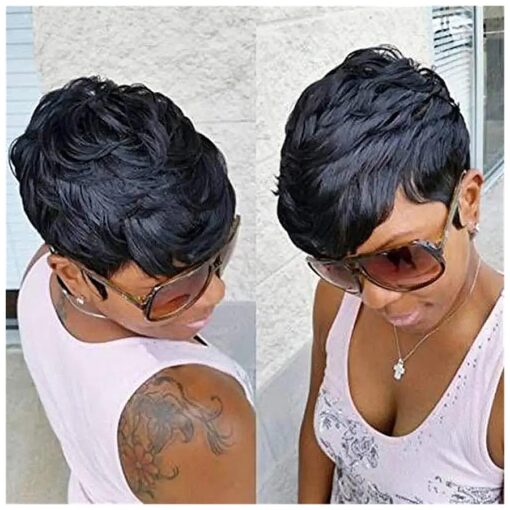 Short Wigs Human Hair for Black Women Pixie Cut Wig Human Hair with Bangs Layered Wavy Short Human Hair Wigs for Black Women Curly Hair Wigs Color 1B # ( MIDDLE WAVY )