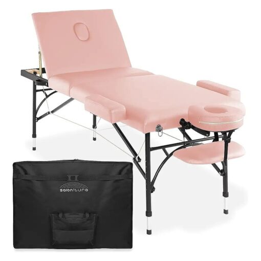 Saloniture Professional Portable Lightweight Tri-Fold Massage Table with Aluminum Legs - Includes Headrest, Face Cradle, Armrests and Carrying Case, Pink