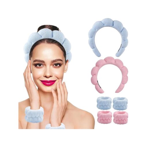 Spa Headband Makeup Headband for Washing Face or Facial - 6pack Face Wash Headband and Wristband Set - Puffy Terry Cloth Headband Skincare Headband for Women and Girls, Pink, Blue