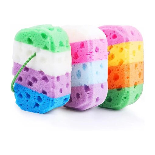 3 Pcs Exfoliating Bath Sponges for Shower, TIZYFF Bath Sponge Loofah for Body Wash Bathroom Vivid Colors Soft Bathing Accessories