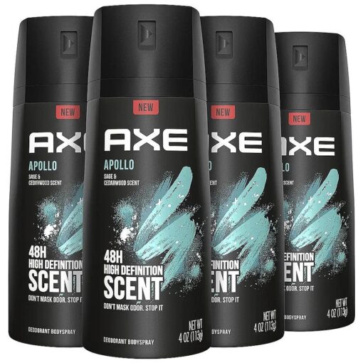 AXE Apollo Body Spray Deodorant for Long-Lasting Odor Protection, Sage & Cedarwood Deodorant for Men Formulated Without Aluminum 4 Ounce ( Pack of 4 )