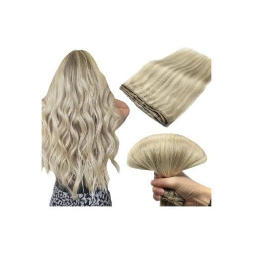 DOORES Sew in Hair Extensions Real Human Hair, Ash Blonde Highlighted Platinum Blonde 22 Inch 110g Natural Weave Hair Remy Human Hair Extensions Full Head Long Straight Sew in Weft Hair Extensions