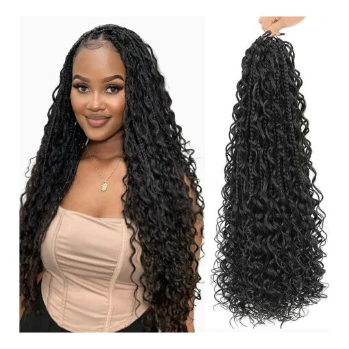 LIYATE Goddess Box Braids Crochet Hair for Women 24 Inch 7 Packs Black Bohemian Crochet Braids with Curly Ends Boho Box Braid Crochet Hair Extensions, 1B