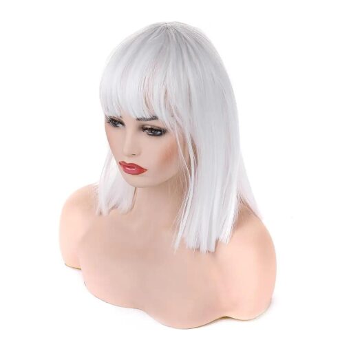 morvally Short Straight Bob Wig with Flat Bangs Natural Looking Heat Resistant Synthetic Hair Cosplay Costume Wigs ( 14 inches White )