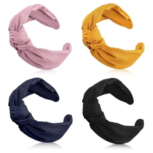 Chuangdi 4 Pieces Wide Knotted Headbands Knot Hairband Solid Color Plain Headband Knot Turban Headband Twist Turban Headwrap Yoga Hair Band Elastic Hair Accessories for Women and Girls