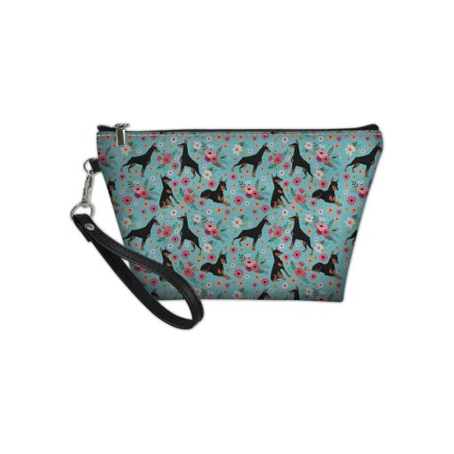 HUGS IDEA Teen Girl PU Leather Toiletry Bag Doberman Floral Print Protable Handle Cosmetic Pouch