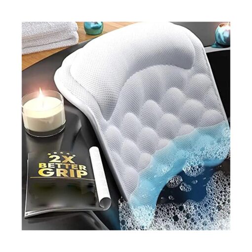 Premium Bathtub Pillow with Storage Bag [ 10 Extra Large Suction Cups ] Bath Pillow for Neck and Head Support, Washable Bag Included