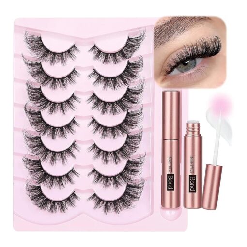 Mink Lashes with Glue, False Eyelashes Cat Eye Wispy Lashes Natural Look False Lashes Fluffy D Curl Strip 20mm Fox Eye Lashes That Look Like Extensions Pack 7 Pairs by FANXITON