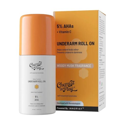 UnderArm Roll-On with 5 % AHA, Lactic Acid & 1 % Mandelic Acid | Prevents Body Odour, Brightens Skin & Exfoliates Underarm | For Sensitive Skin | Woody Musk Fragrance | 40ml