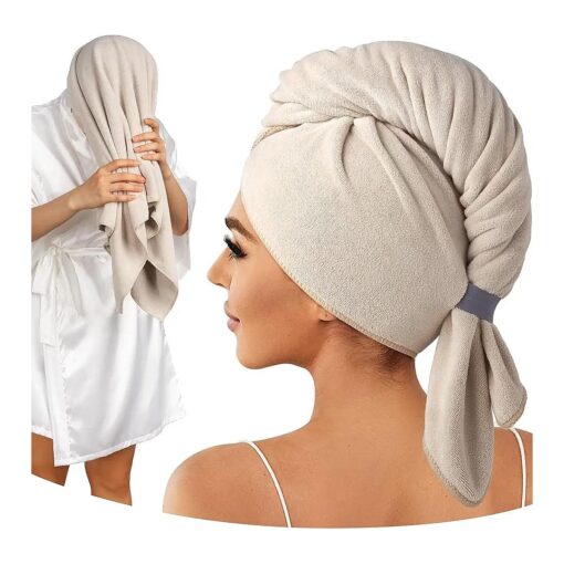 100 % Microfiber Hair Towel, 41" x 22" Super Absorbent Hair Care Towel, Ultra Soft Hair Towel Wrap with Elastic Loop, Large Curly Hair Towel for Women Long, Thick Hair, Camel