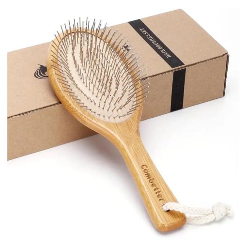 Bamboo Hair Brush Combetter, Smoothing Hair & Massage, Detangling Anti-Static Hairbrush, Natural Wood Comb with Metal Bristles for Women, Men & Children