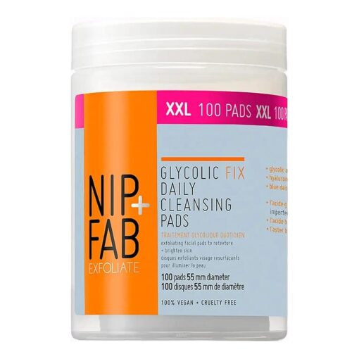 Nip + Fab Glycolic Acid Fix Daily Cleansing Pads for Face with Hyaluronic Acid, Witch Hazel, Exfoliating Resurfacing AHA Facial Cleanser Pad for Exfoliation Even Skin Tone Brighten Skin, 100 Pads XXL