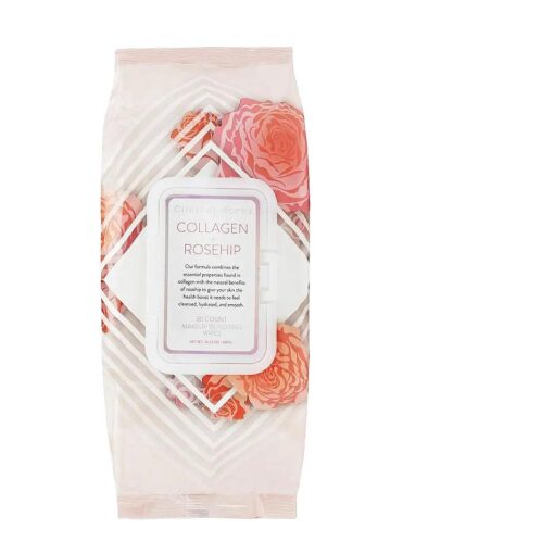 Makeup Remover Wipes, 50 Facial Cleaning Cloths, Gentle Facial Wipes Removes Makeup Mascara Dirt and Oil, Flip Top Pack ( Collagen & Rosehip )