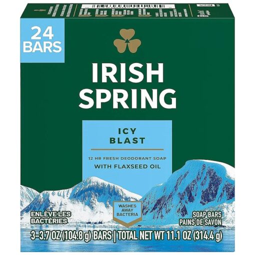 Irish Spring Icy Blast Bar Soap for Men, Mens Soap, Smell Fresh and Clean 12 Hours, Men Bars Washing Hands Body, Mild Skin, Recyclable Carton, 24 Pack, 3.7 Oz