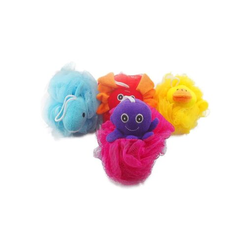 Loofah Exfoliating Shower Stuffed Sponge Pouf Mesh Brush with Animal Toys - Bath Spa Puff Scrubber Ball - Body Poof for Children Kids - Rich Foams Bubble ( 4.7" Each ) Pack of 4