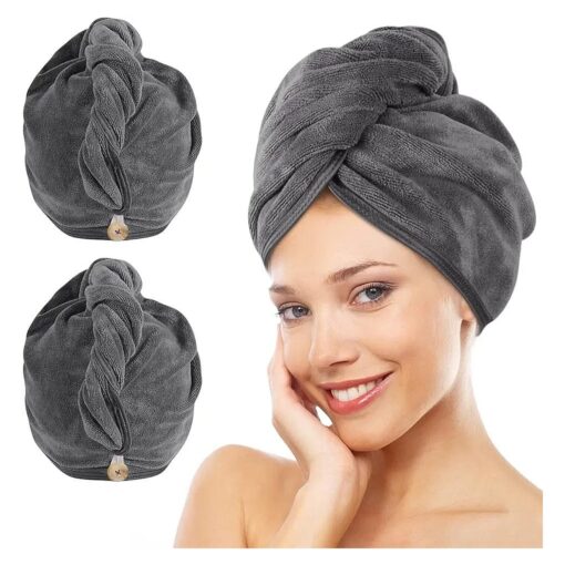 KinHwa Microfiber Hair Towel Wrap Super Absorbent 28inch x 12inch Large Dry Hair Turban Towel for Women Wet Long Thick Hair Ultra Soft with Button Design Dark-Gray 2 Pack