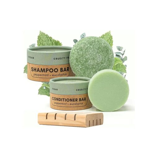 Shampoo & Conditioner Bar Set | Peppermint + Eucalyptus | With Travel Container and Cedar Tray | Natural Salon Quality Shampoo, Zero Waste & Plastic Free