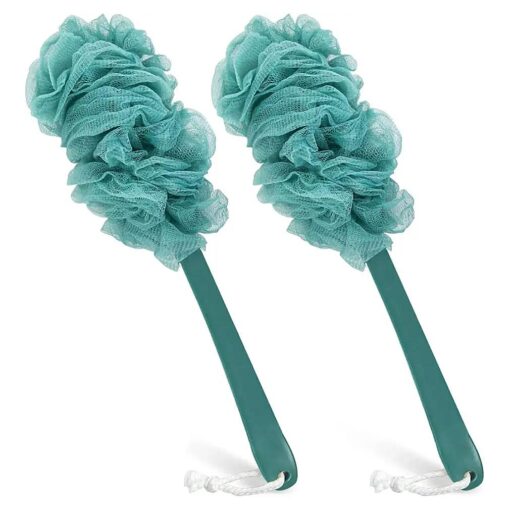 2Pack Back Scrubber for Shower, Qewro Loofah on a Stick as Shower Brush Exfoliating Body with Long Handle, Loofah Sponge Mens Loofah Bathing Accessories for Women ( 2Pack Blue )