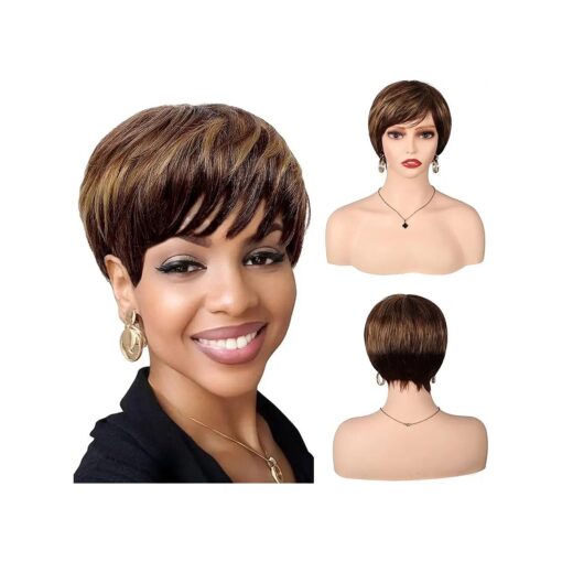 Short Human Hair Wigs for Women Mix Brown Blonde Wig Short Hairstyles Wigs Natural Wavy Full Machine Pixie Wigs 150 % Density Daily Use ( 4/27 Color )