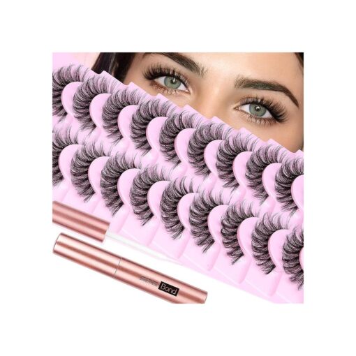 Lashes with Lash Glue False Eyelashes Fluffy Lashes Kit 16mm Natural Lashes Wispy Fake Eyelashes with 5ml Eyelash Glue 10 Pairs Strip Fake Lashes Pack 3D Clear Band Eyelashes by Calphdiar