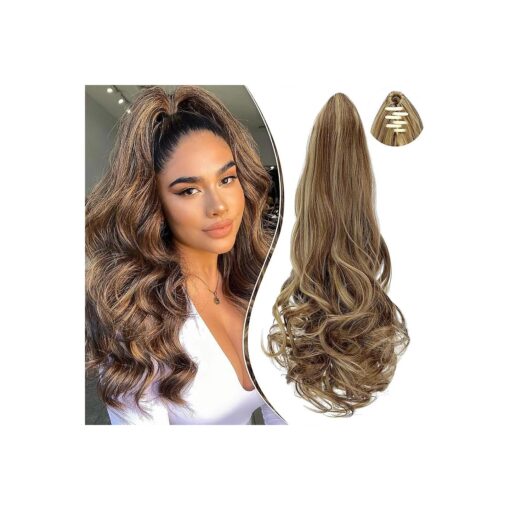 Ponytail Extension Claw 18" Curly Wavy Clip in Hairpiece Ponytail Hair Extensions Long Pony Tail Synthetic for Women Light Brown mix Ash Blonde