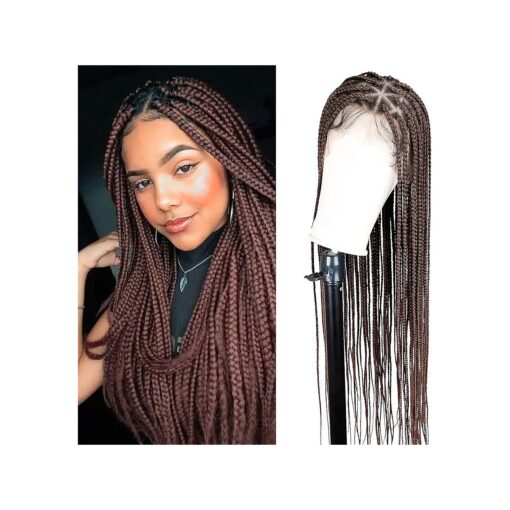 KRALER Ombre Braided Wigs for Black Women, 36 inch Ombre Auburn Knotless Box Braids Full Double Lace Wig Square Based Embroidery Small Braid Wig with Baby Hair