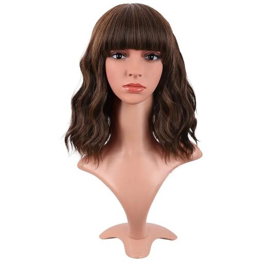 MapofBeauty 14 Inch/35 cm Short Wavy Curly Women Fresh Bright Synthetic Ordinary Flat Bangs Bob Wig ( Brown )