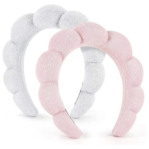 Spa Headbands for Women Ladies- Puffy Makeup Headband Combo Pack- Set of 2 Terry Towel Cloth Fabric Hair Bands for Washing Face ( White + light pink )