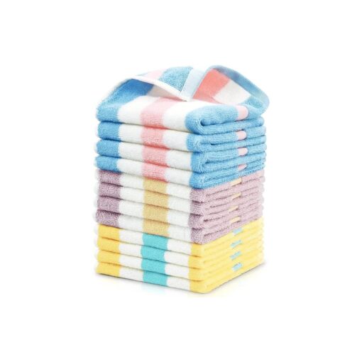 Cotton 12 Pack Striped Washcloths, 13 x 13 Inches, 3 Colors - Face and Body Cleansing Towels