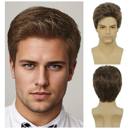 Swiking Mens Short Brown Wig Layered Synthetic Reality Hair 80s Costume Wigs Daily Replacement Wig for Male Guy ( Brown )