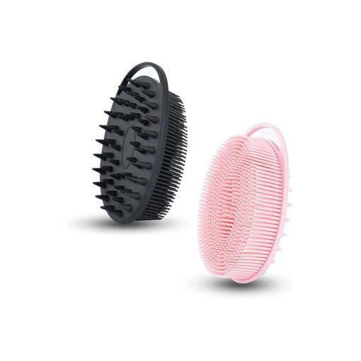 2 PC Silicone Exfoliating Body Scrubber, 2 in 1 Silicone Body Shampoo Brush, Soft Silicone Loofah for Sensitive Skin, Shower Silicone Hair Scalp Massager, Easy to Clean, Lather Well ( Black & Pink )