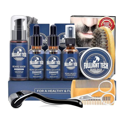 FULLLIGHT TECH Beard Kit, Beard Grooming Kit for Men w/Beard Vitamin Spray, Beard Oil, Balm, Wash, Brush, Comb, Scissors, Mens Beard Care Gifts for Men Husband Boyfriend Dad, Valentines Day Gifts for Him