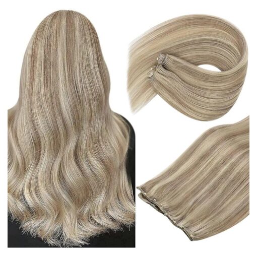 Sunny Hair Beaded Weft Hair Extensions Human Hair 50G Micro Bead Weft Hair Extensions Real Human Hair Straight Weft Hair Extensions with Micro Beads Easy Weft Golden Blonde with Blonde 18 inch