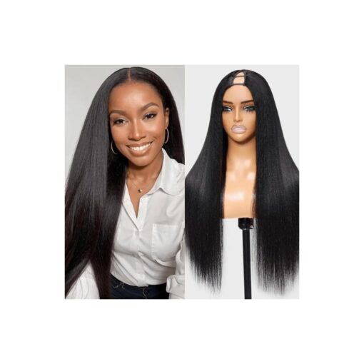 Julia Hair V Part Wig Human Hair Yaki Straight Glueless Wig for Women 12A Briazilian Remy Hair Upgrade U Part Wig No Glue No Leave Out Beginner Friendly 180 % Denisty Natural Color 20 Inch Yaki Wig