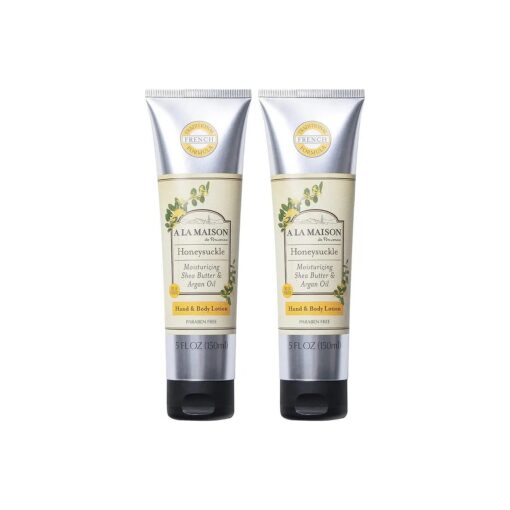 A LA MAISON Moisturizing Lotion, Honeysuckle - Uses : Hand and Body, Argan Oil, Pure Shea Butter, Essential Oils, Plant Based, Cruelty-Free, SLS and Paraben Free ( 5 Oz, 2 Pack )