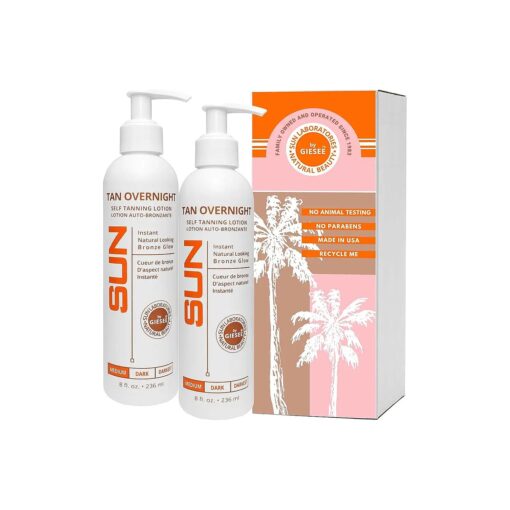 Sun Laboratories Tan Overnight Self-Tanning Body Lotion and Face Lotion - Sunless, Odorless, Long-Lasting Self Tanner for Light to Fair Skin - 2 Pack, 8 fl oz Bottles