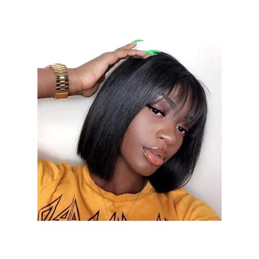 yu yuan Bob Wig Human Hair Wear and Go Glueless Human Hair Wigs for Black Women 180 Density 10 Inch No Lace Human Hair Wigs with Bangs True to Length Soft Natural Color